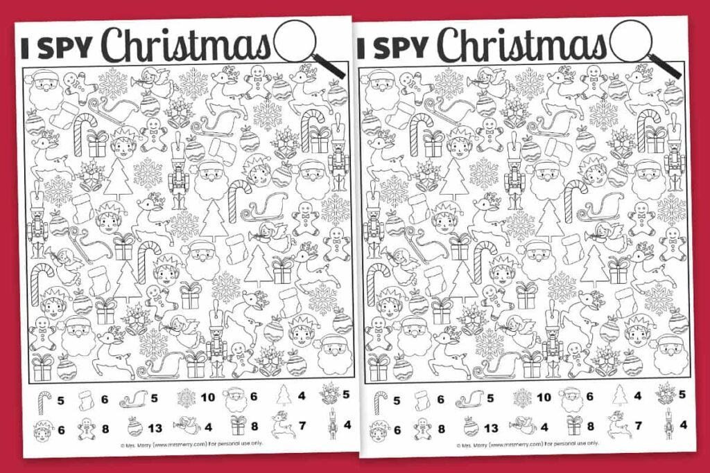 I Spy Christmas activity sheet with various holiday-themed s for kids to find