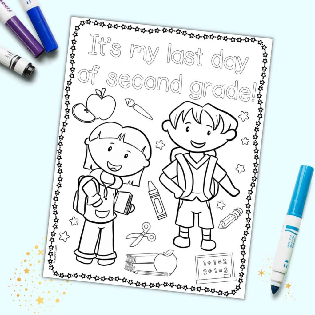 Free Printable Last Day Of Second Grade Coloring Page Coloring page celebrating the last day of second grade with happy children