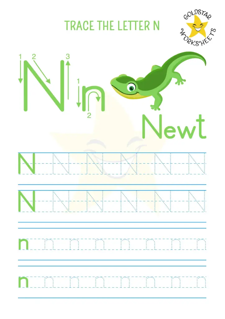 Free Printable Letter Tracing Worksheets For Preschoolers featuring the letter N with a newt illustration