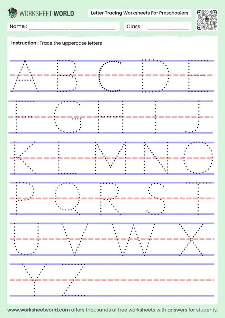 Letter tracing worksheet for preschoolers with dotted lines for each letter
