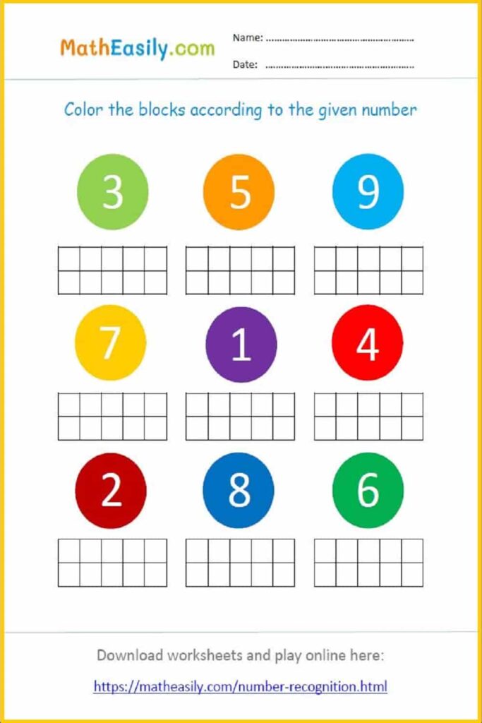 Free Printable Math Activities For Kindergarten featuring a coloring worksheet with numbers and blocks