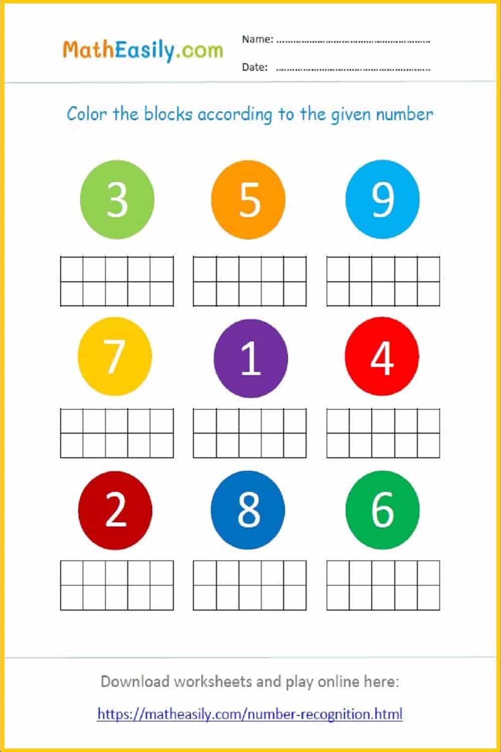 Free Printable Math Activities For Kindergarten featuring a coloring worksheet with numbers and blocks
