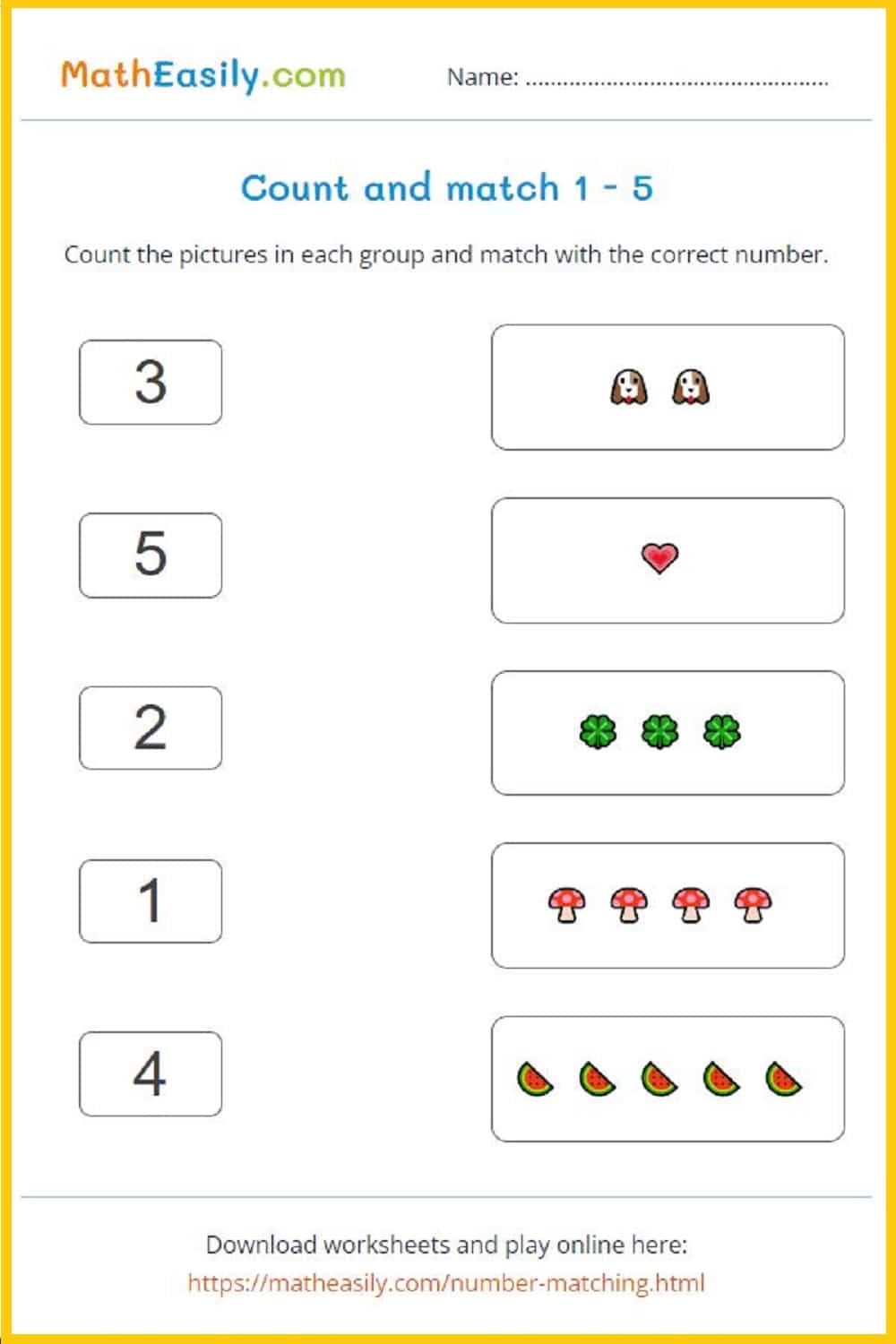 Free Printable Math Sheets For Kindergarten featuring a counting and matching activity for young learners