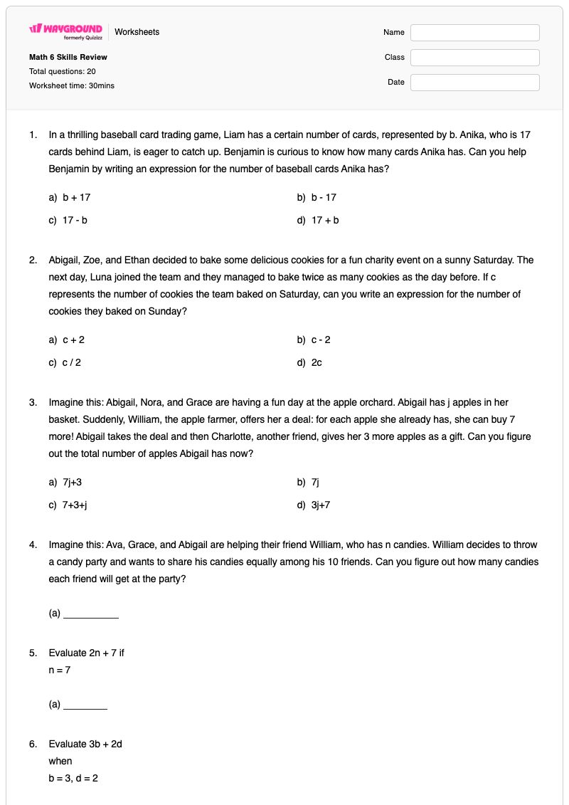 Free Printable Math Worksheets For 6th Grade - Math 6 Skills Review - Free Printable Worksheet | Wayground