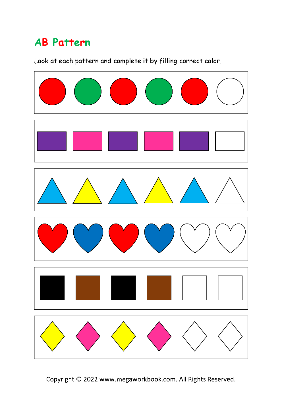 Free Printable Pattern Worksheets For Kindergarten - Free Kindergarten and Preschool Math Patterns Worksheets - Color ...