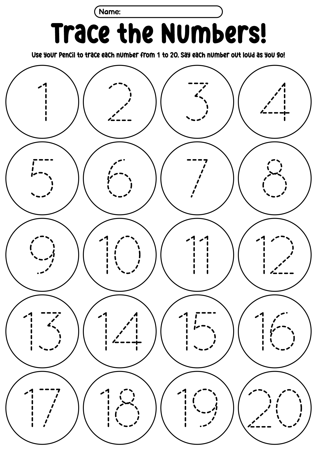 Free Printable Pre K Pages featuring a worksheet to trace numbers 1 to 20