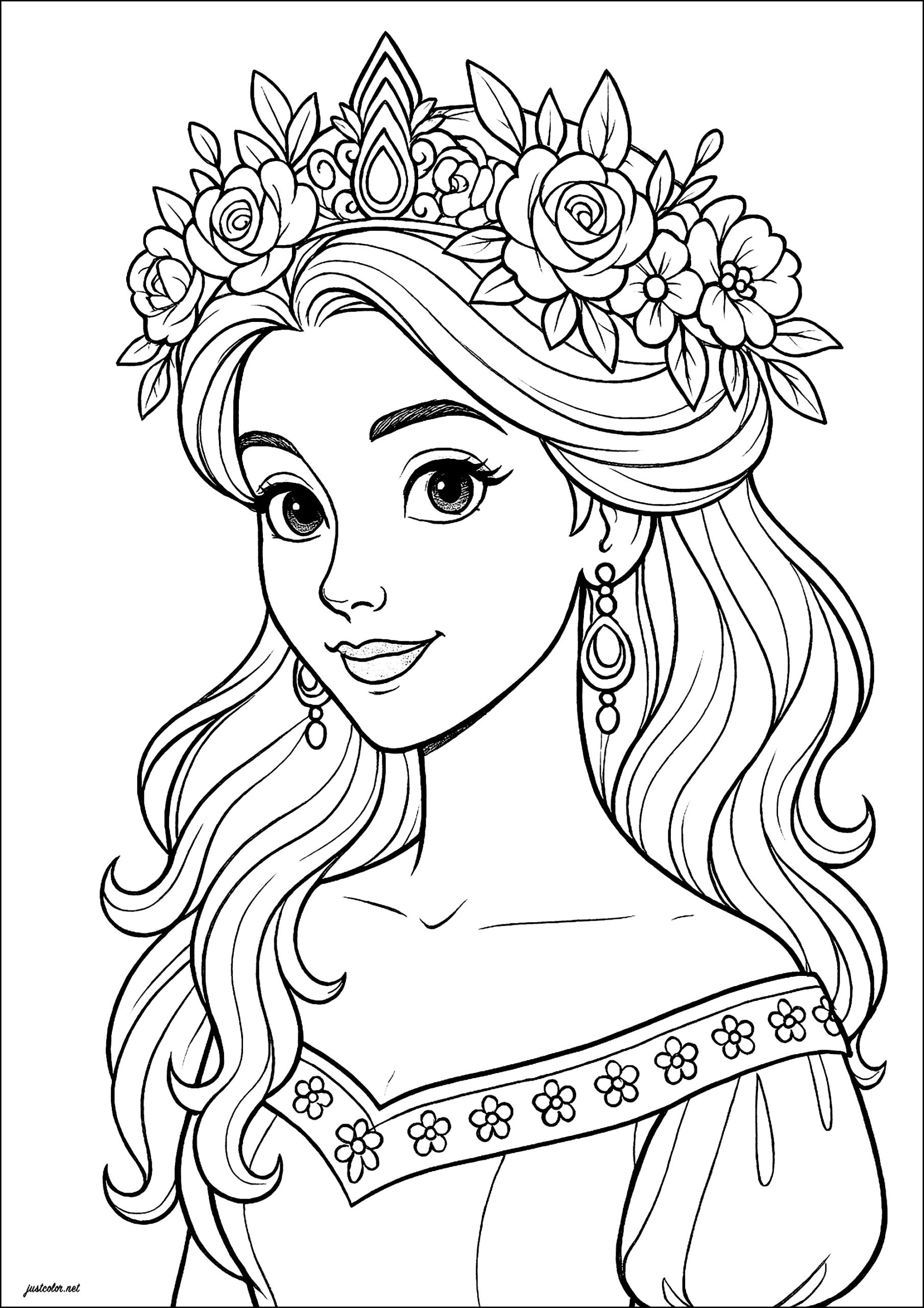 Free Printable Princess Coloring Pages featuring a lovely princess with a floral crown and elegant dress