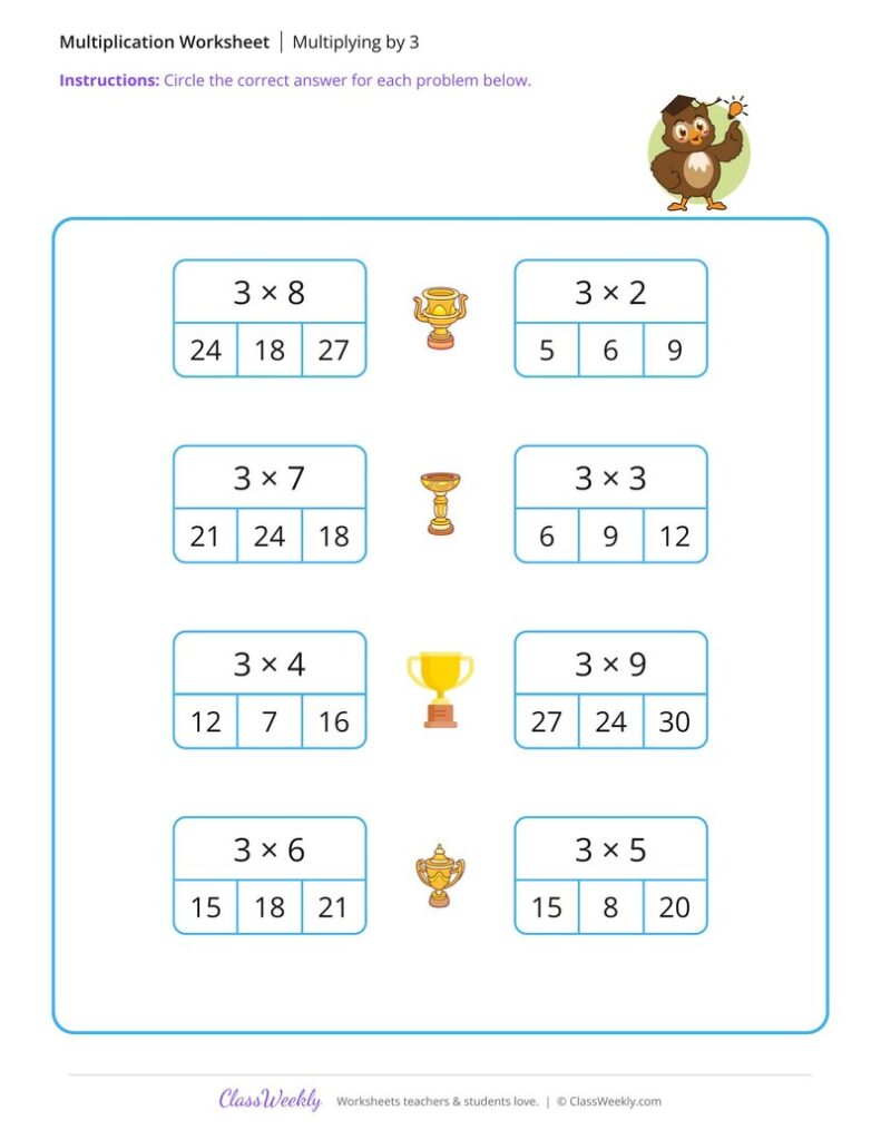 Free Printable Second Grade Worksheets - Multiply by 3 - Three Owls - Free 2nd Grade Math Worksheet