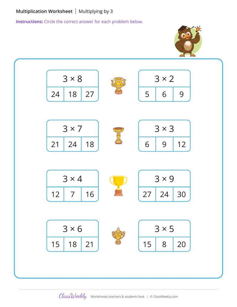 Free Printable Second Grade Worksheets - Multiply by 3 - Three Owls - Free 2nd Grade Math Worksheet