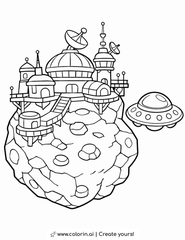 Free Printable Space Coloring Pages featuring an asteroid space station with a UFO