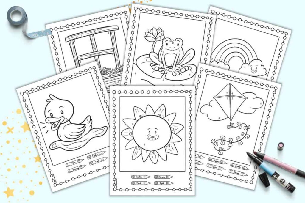 Collection of free printable spring-themed color by number worksheets