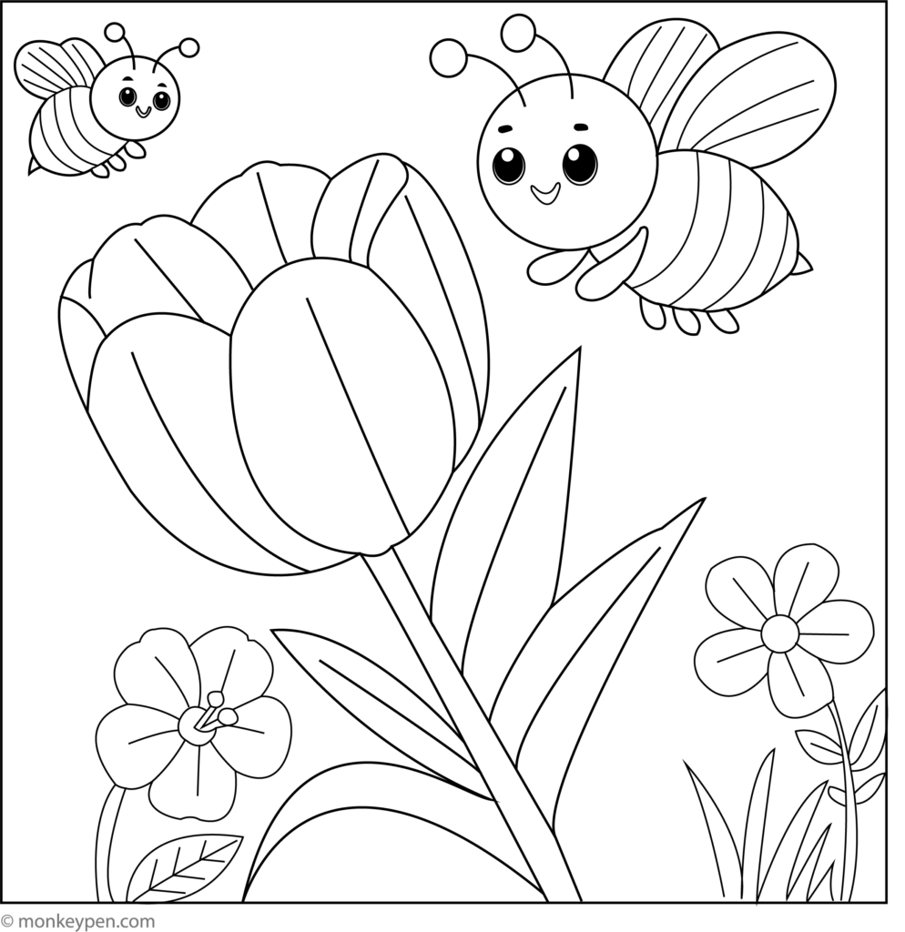 Free Printable Spring Coloring Sheets with tulips and a buzzing bee in a garden scene