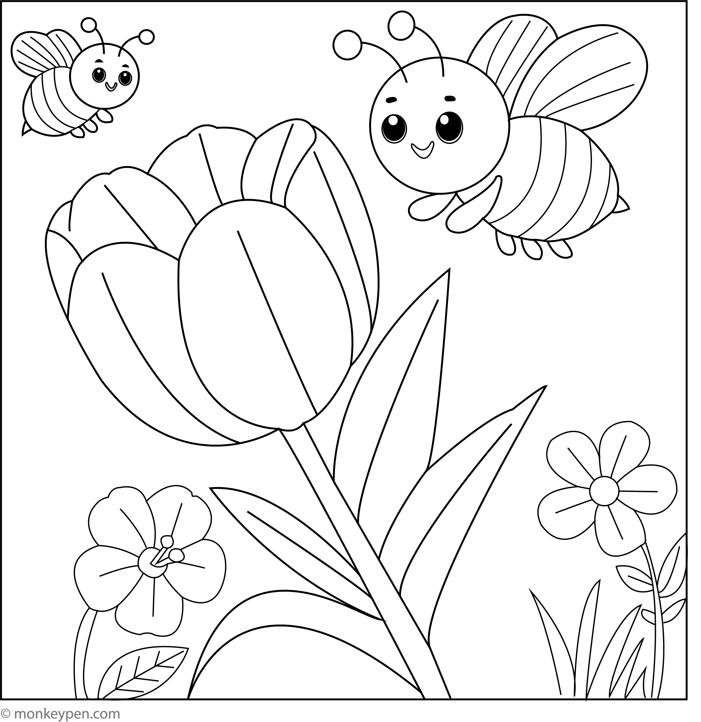 Free Printable Spring Coloring Sheets with tulips and a buzzing bee in a garden scene