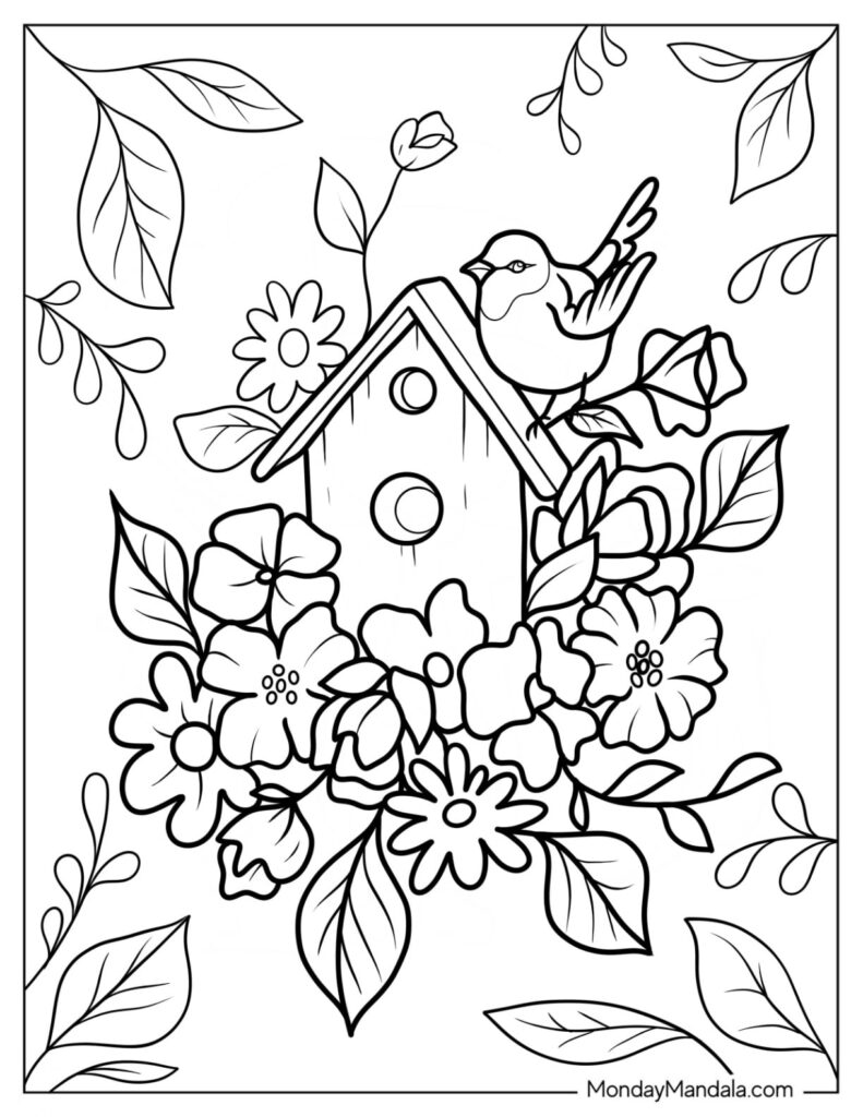 Free Printable Springtime Coloring Pages Featuring a Birdhouse and Flowers Free Printable Springtime Coloring Pages with a birdhouse surrounded by flowers and a singing bird