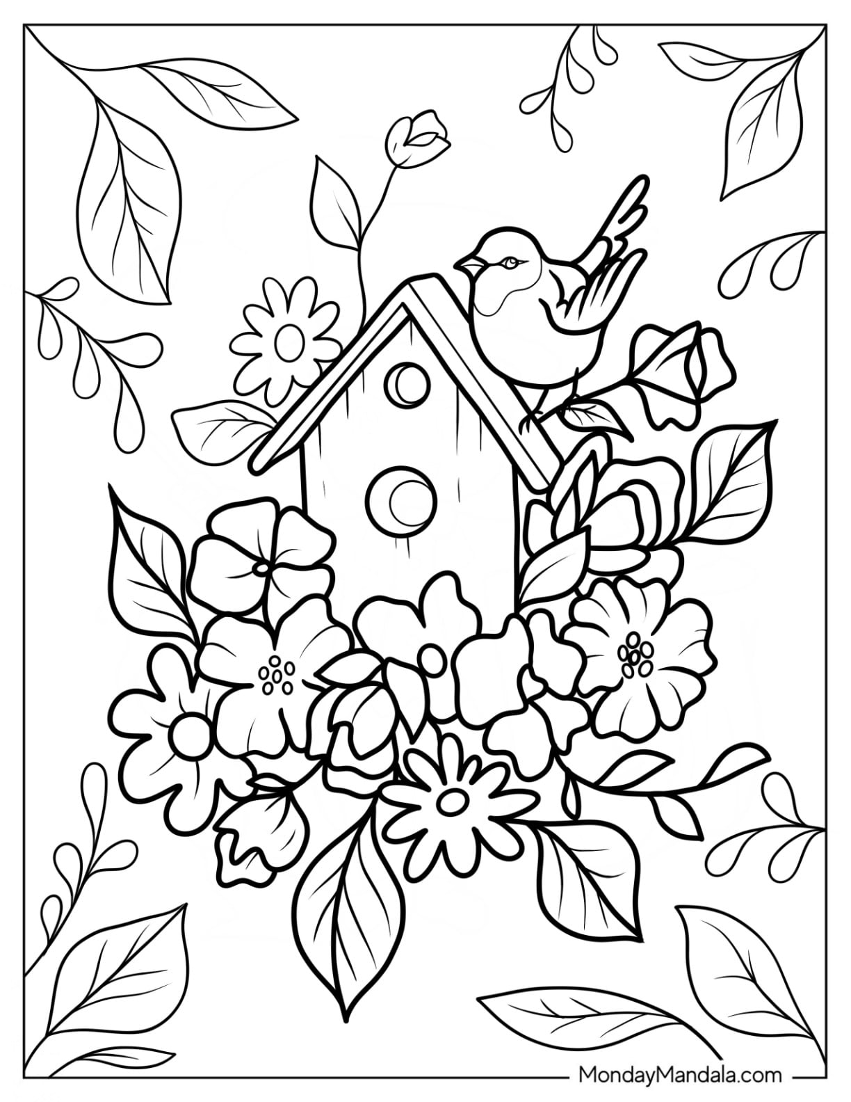 Free Printable Springtime Coloring Pages with a birdhouse surrounded by flowers and a singing bird