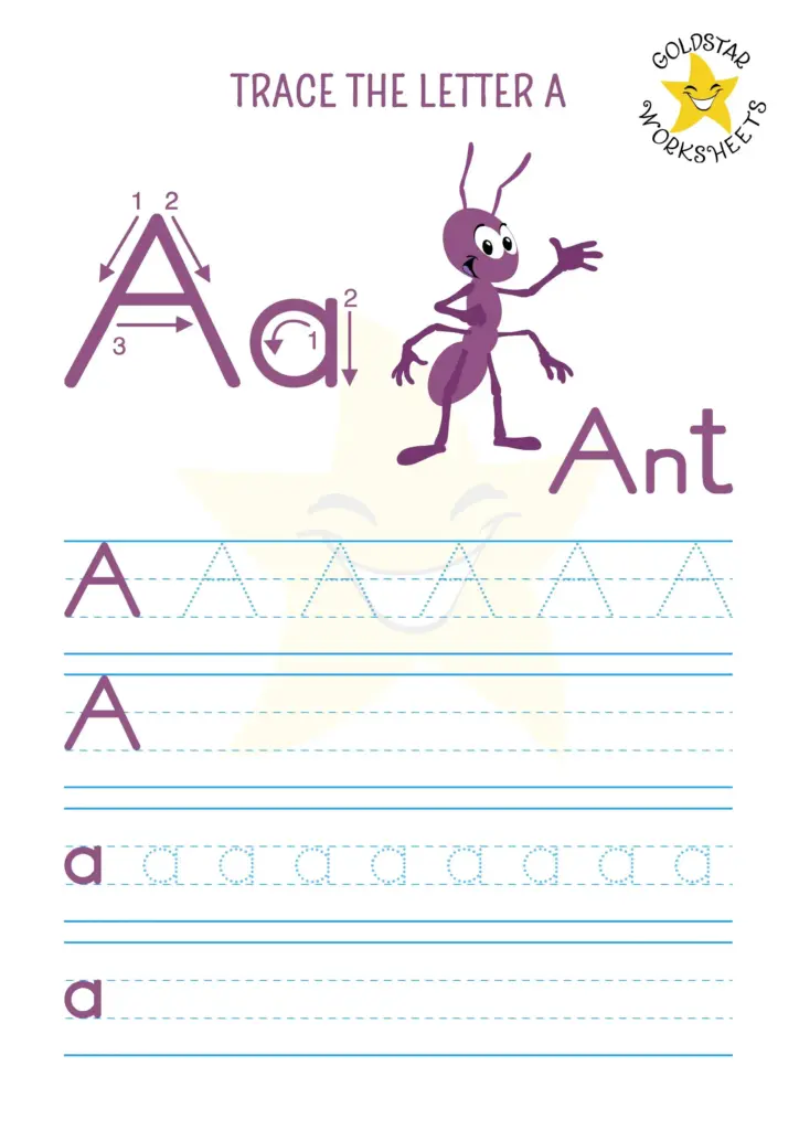 Free Printable Tracing Letter A Worksheets with Ant Illustration Free Printable Tracing Letter A Worksheets featuring an ant and tracing lines for kids