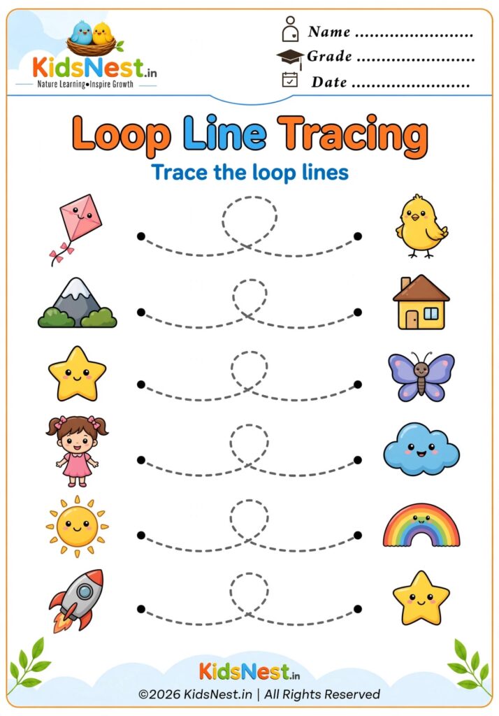 Free Printable Tracing Worksheets For Kindergarten – Loop Line Tracing Free Printable Tracing Worksheets For Kindergarten featuring loop line tracing with fun illustrations