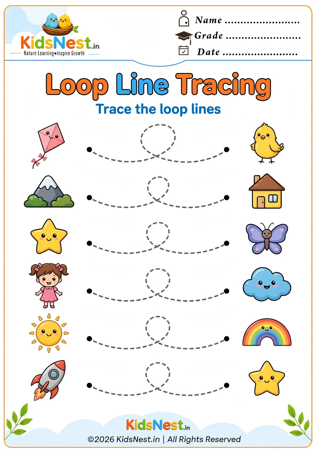 Free Printable Tracing Worksheets For Kindergarten featuring loop line tracing with fun illustrations