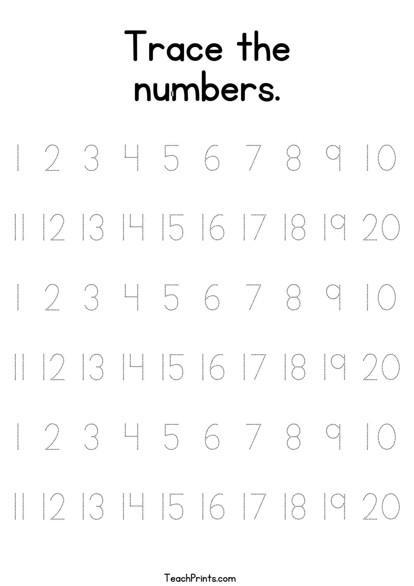 Free Printable Tracing Worksheets For Preschool featuring numbers 1 to 20 for tracing practice