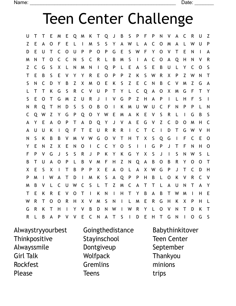 Free Printable Word Searches For Teenagers - Teen Center Challenge Word Search - WordMint