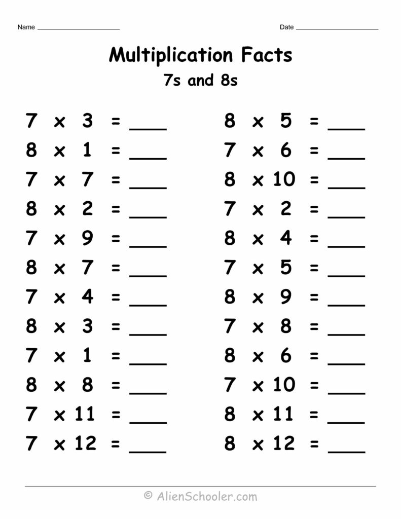 Free Printable Worksheets For 8th Graders – Mixed Multiplication Facts Free Printable Worksheets For 8th Graders featuring mixed multiplication facts for 7s and 8s
