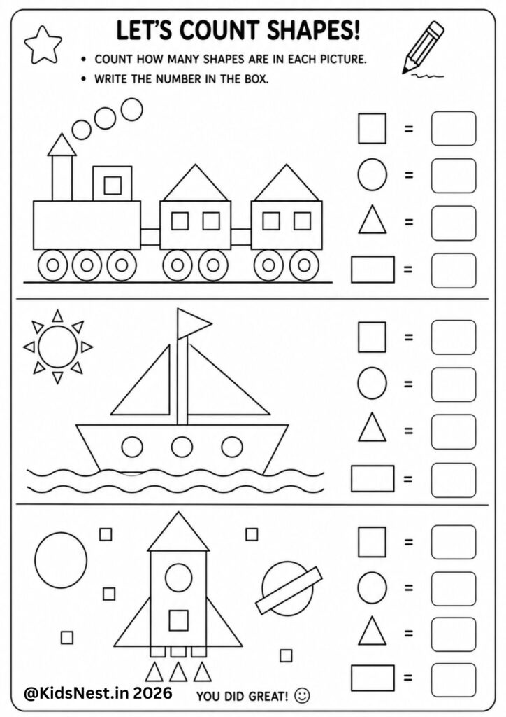 Free Printable Worksheets For Shapes featuring a counting activity with various shapes