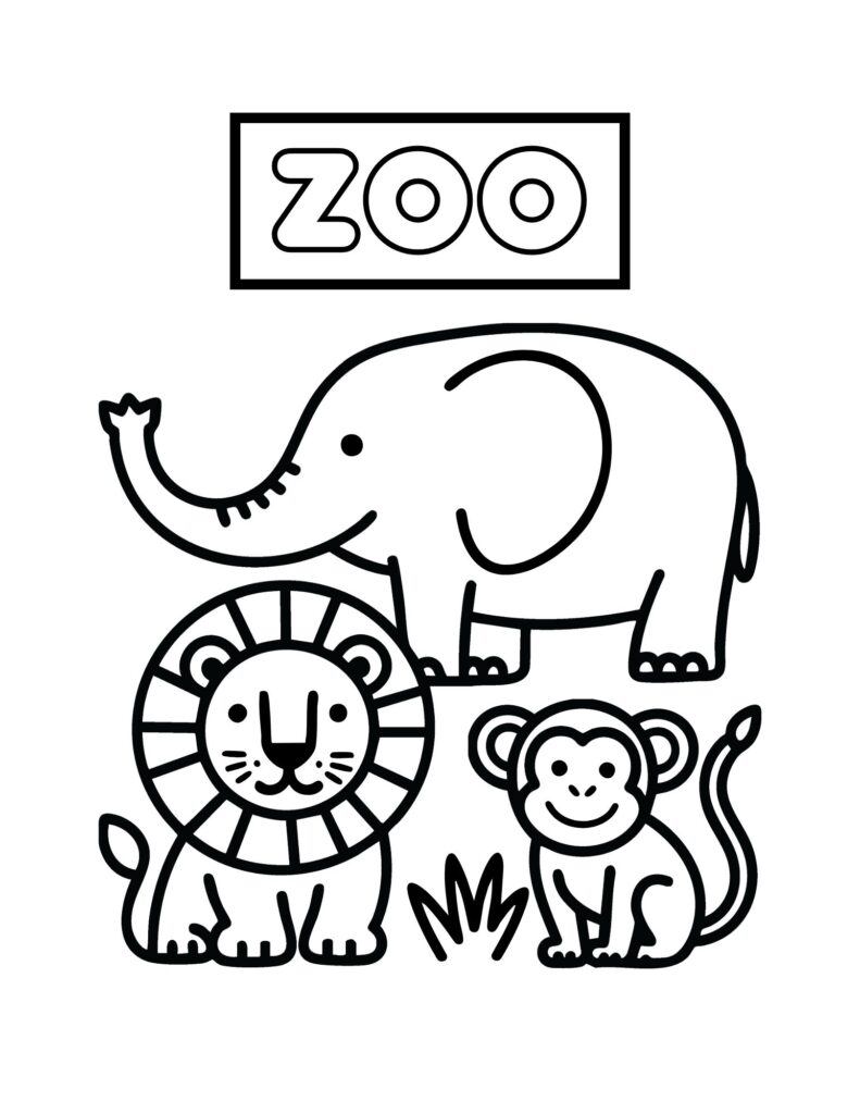 Free Printable Zoo Coloring Pages featuring easy zoo animals with bold outlines Free Printable Zoo Coloring Pages with an elephant, lion, and monkey in bold outlines