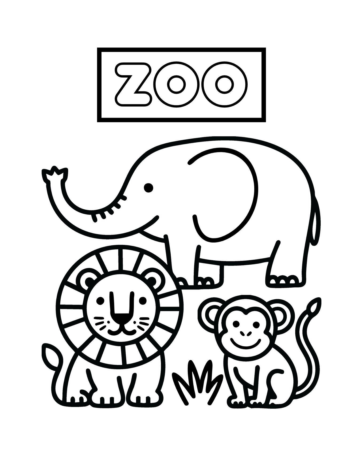 Free Printable Zoo Coloring Pages with an elephant, lion, and monkey in bold outlines