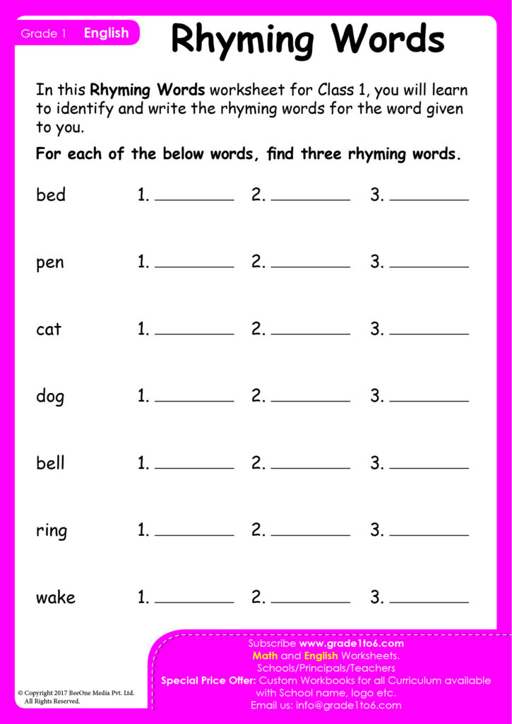 Free rhyming words worksheet for grade 1, Download Free rhyming words ...