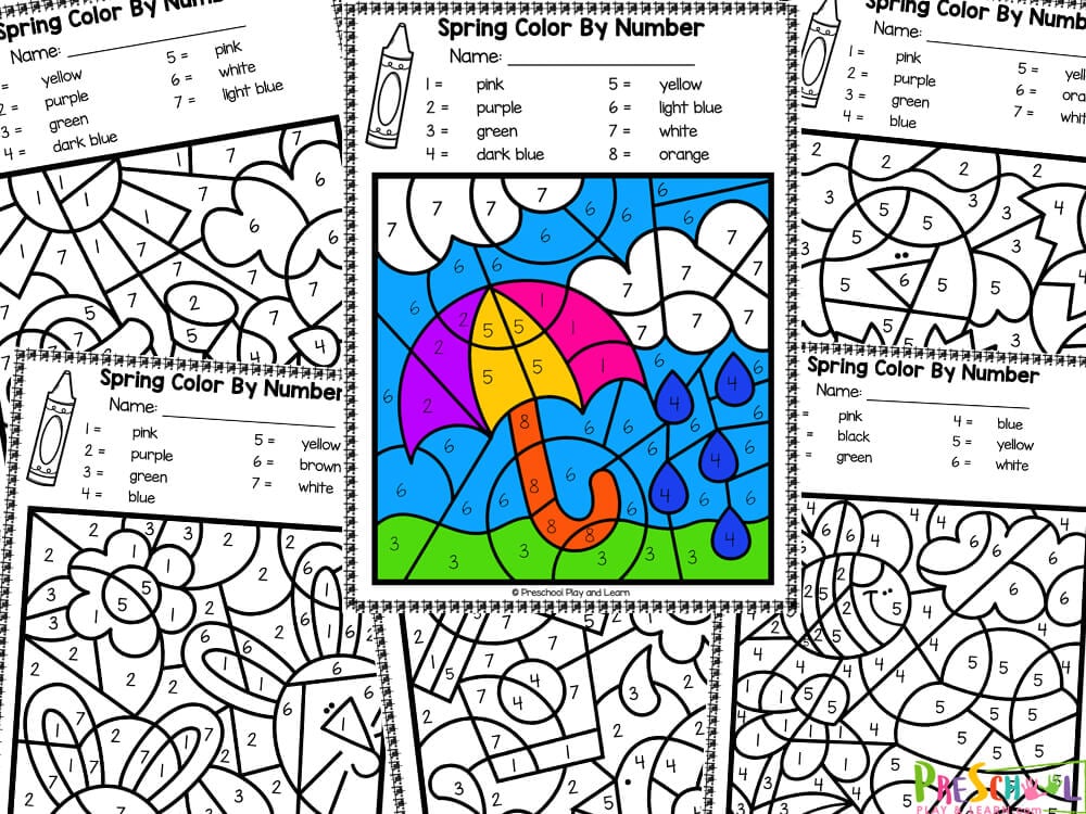 Color By Number worksheets for preschoolers featuring spring themes like flowers and umbrellas