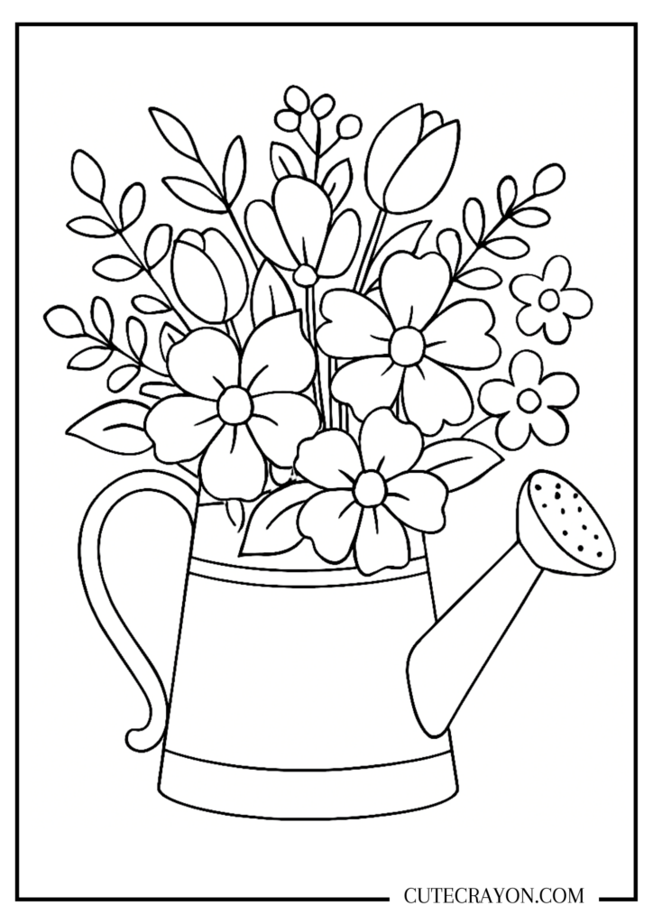 Free Spring Coloring Pictures Printables – Watering Can with Flowers Free Spring Coloring Pictures Printables featuring a watering can filled with flowers to color