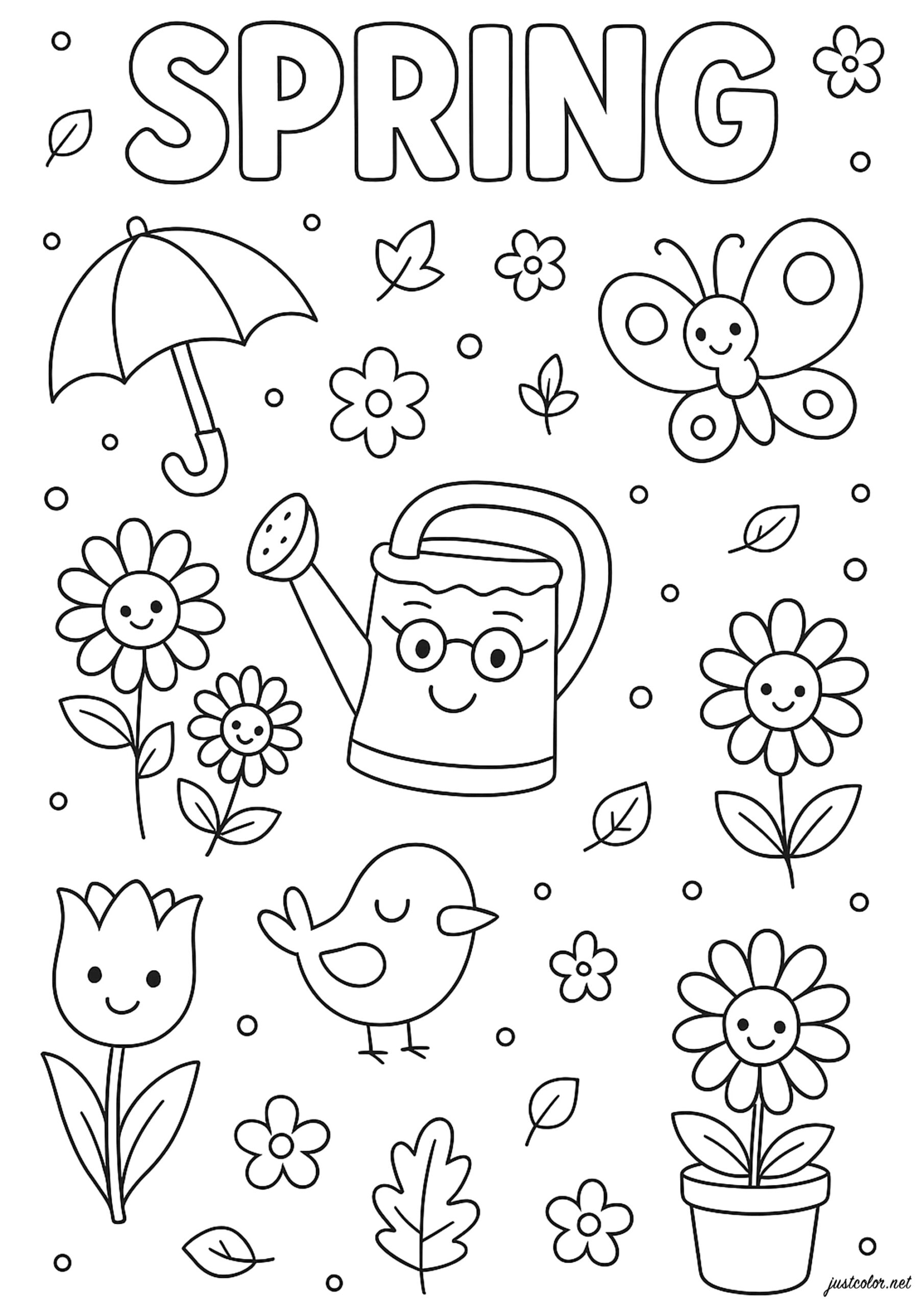 Free Spring Coloring Sheets Printable featuring flowers, a watering can, and a cheerful butterfly