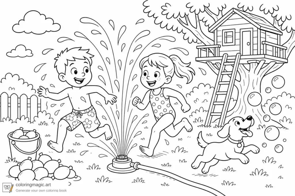 Free Summer Coloring Pages For Kids – Fun Activities Kids playing in a sprinkler with a dog in a summer scene - Free Summer Coloring Pages For Kids