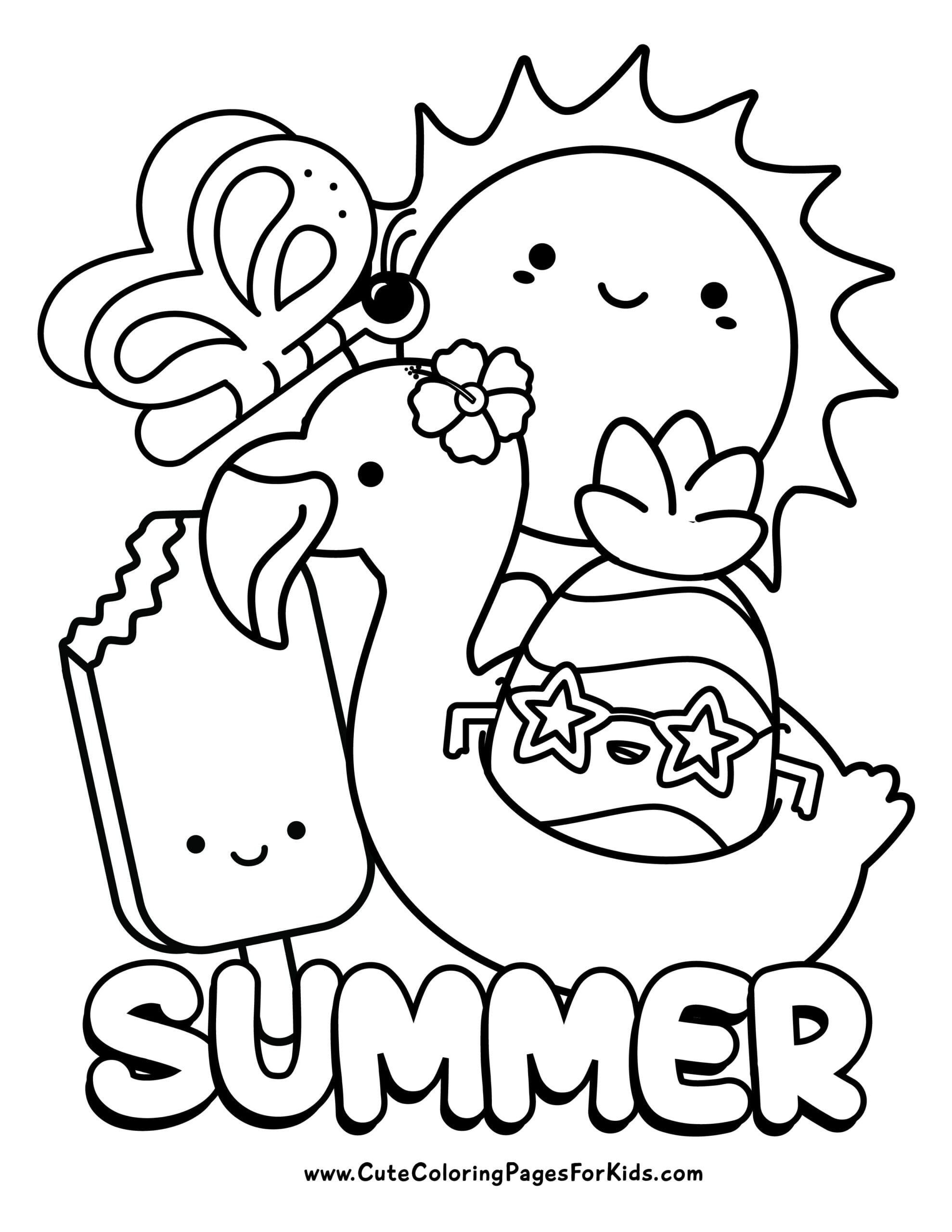 Free Summer Coloring Pages For Preschoolers with a sun, butterfly, and inflatable flamingo
