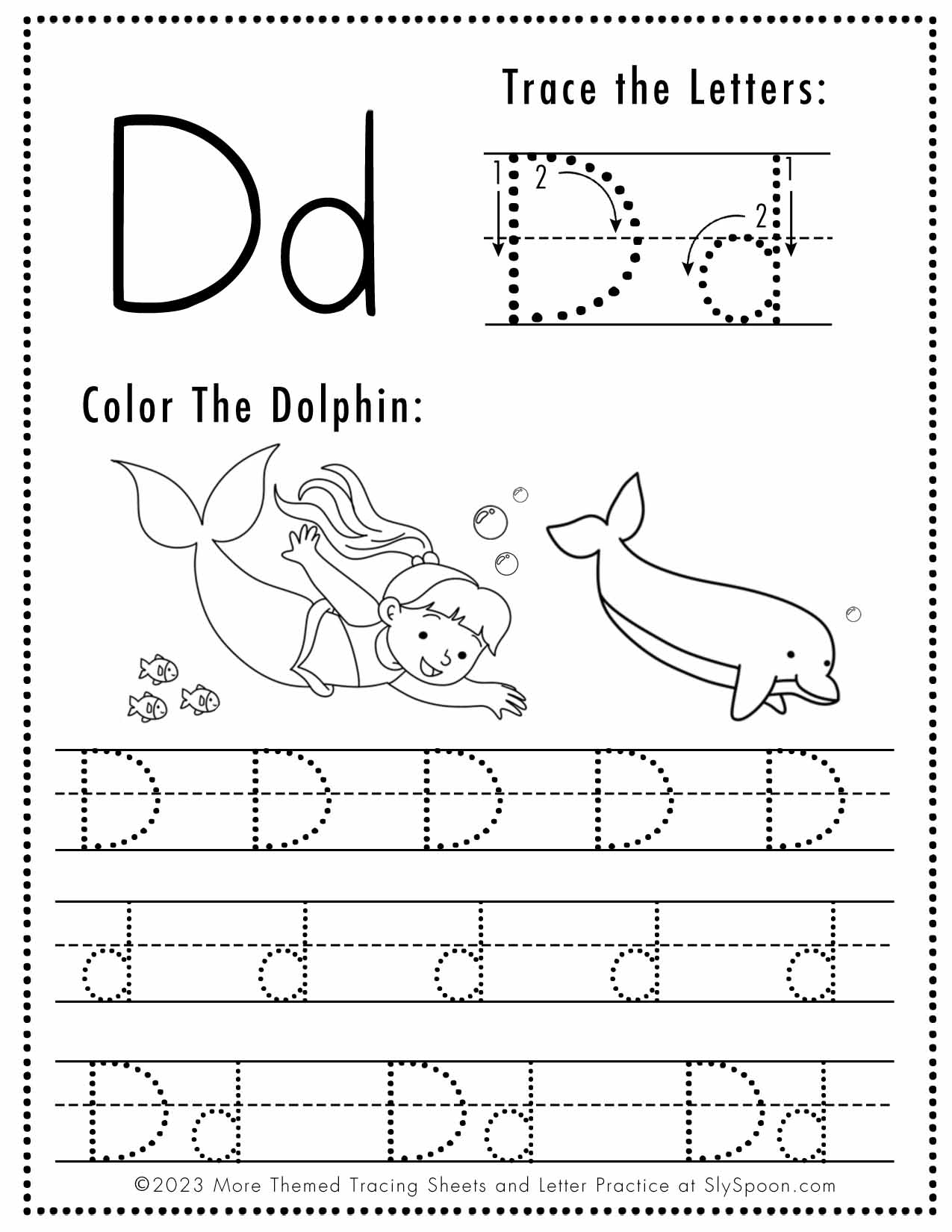 Free Tracing Worksheets For Preschoolers featuring letter D with a dolphin illustration