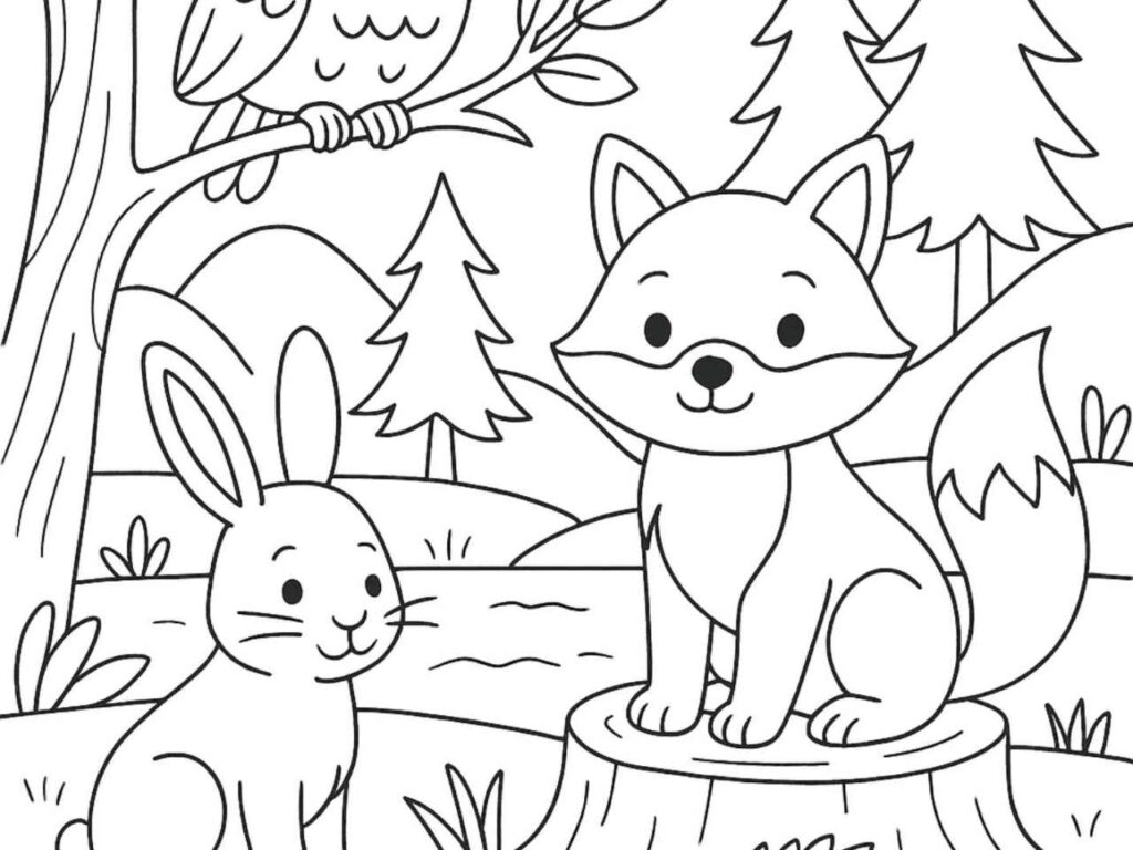 A cute fox and rabbit in a woodland setting on a coloring page