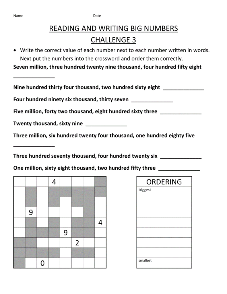 Free Worksheets For 4th Graders featuring a writing big numbers challenge with a crossword format