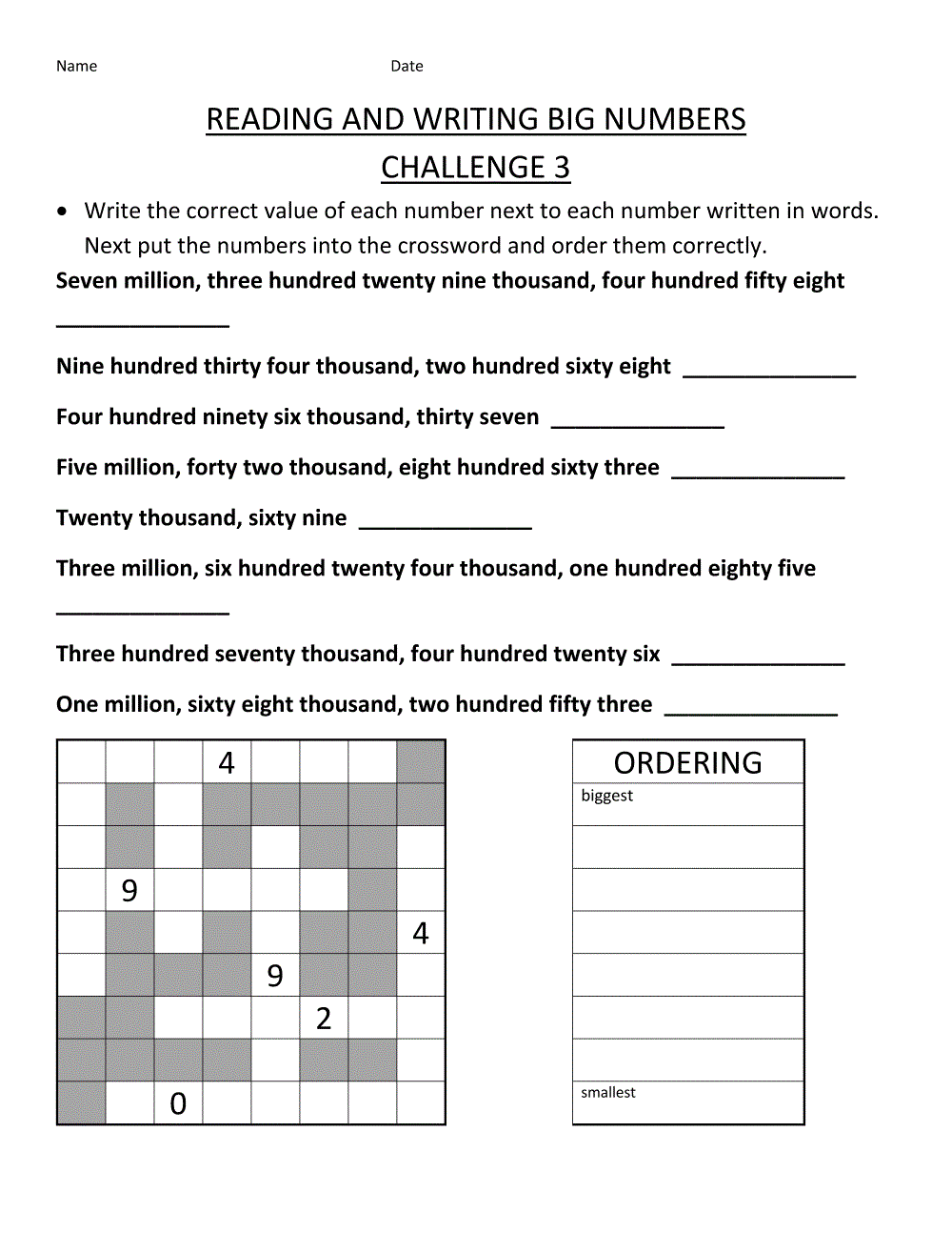 Free Worksheets For 4th Graders featuring a writing big numbers challenge with a crossword format