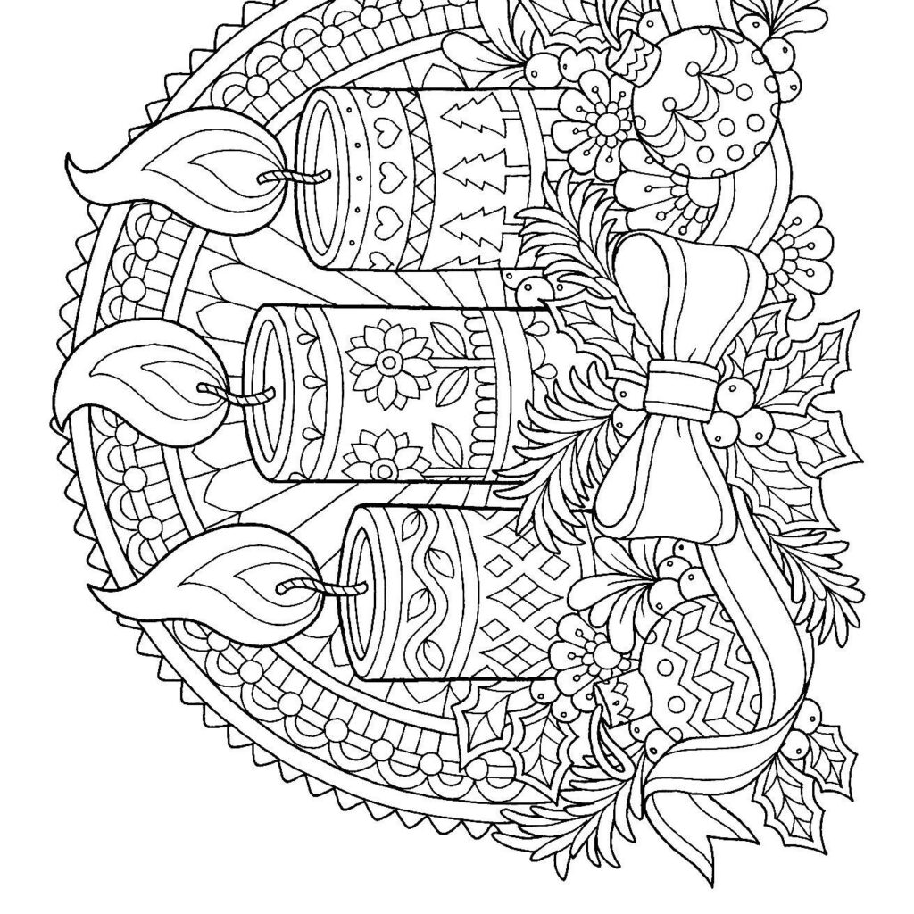 Christmas Candle Coloring Page – Free Printable Beautiful Christmas candle coloring page with decorative elements for adults