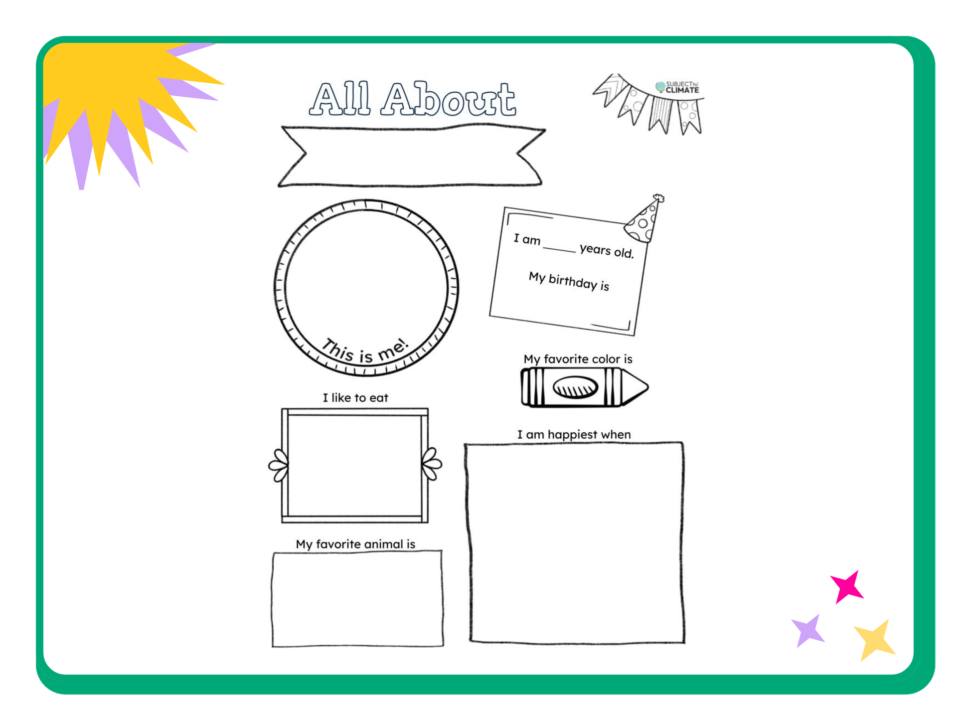 Engaging Fun Activity Sheets For 5th Graders featuring an All About Me worksheet