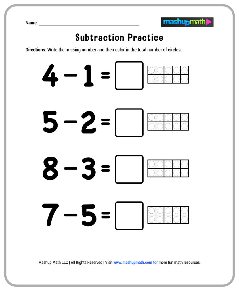 Fun Math Worksheets For 1st Graders – Subtraction Practice Free printable Fun Math Worksheets For 1st Graders featuring subtraction practice with circles