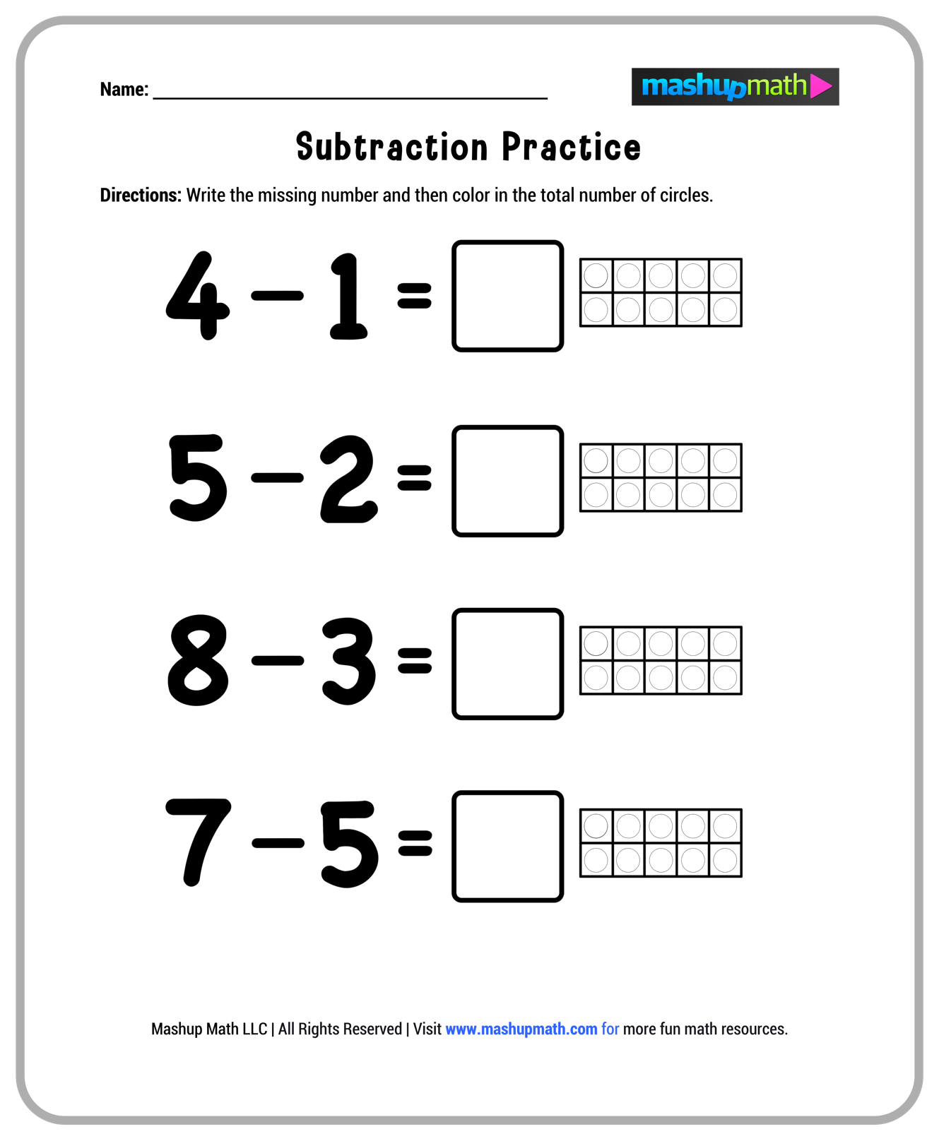 Free printable Fun Math Worksheets For 1st Graders featuring subtraction practice with circles