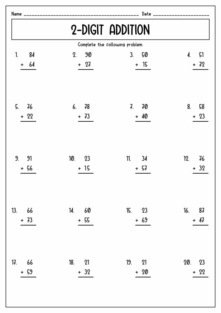 Fun Math Worksheets For 2nd Grade featuring a 2-digit addition worksheet with various problems
