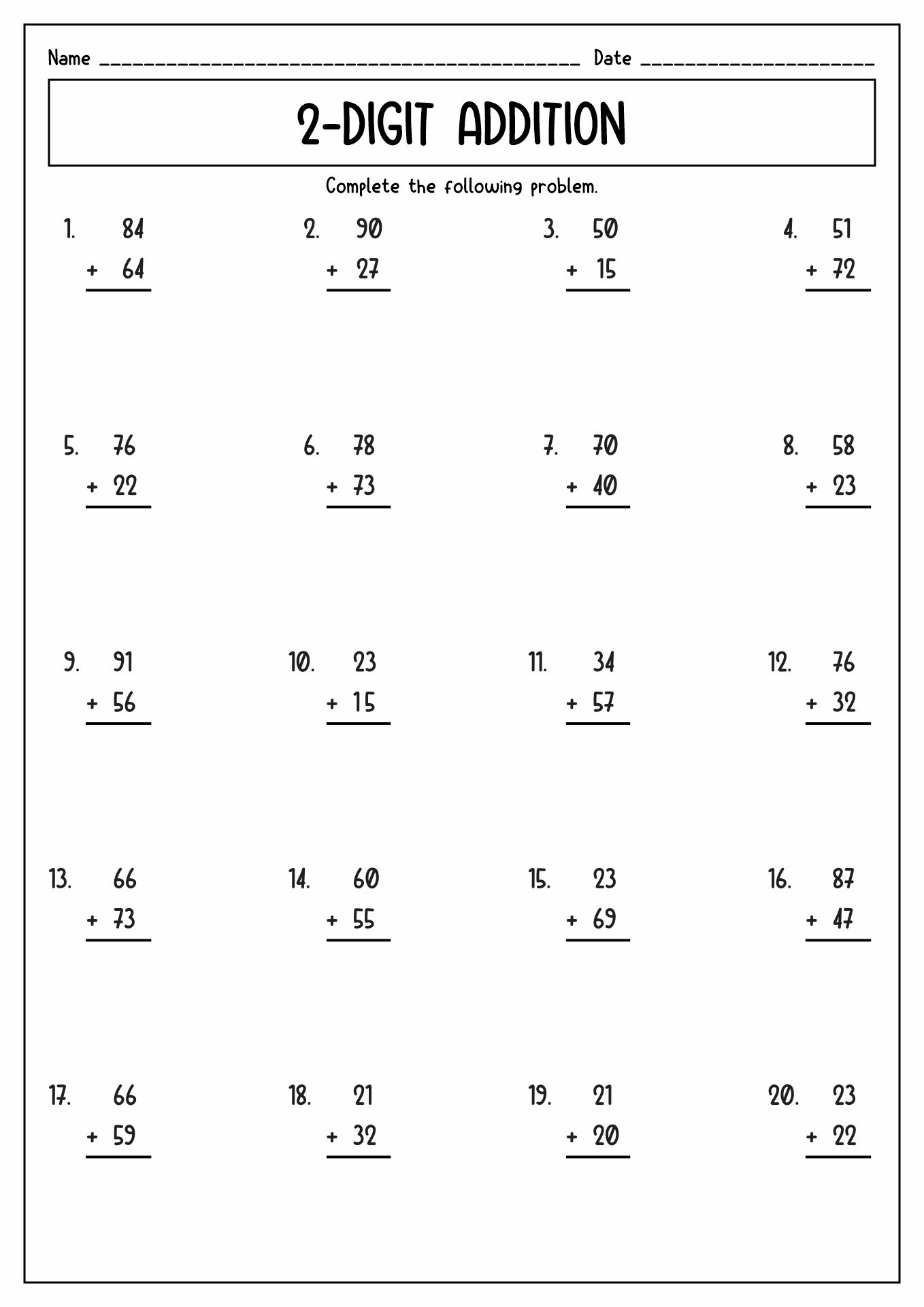 Fun Math Worksheets For 2nd Grade featuring a 2-digit addition worksheet with various problems
