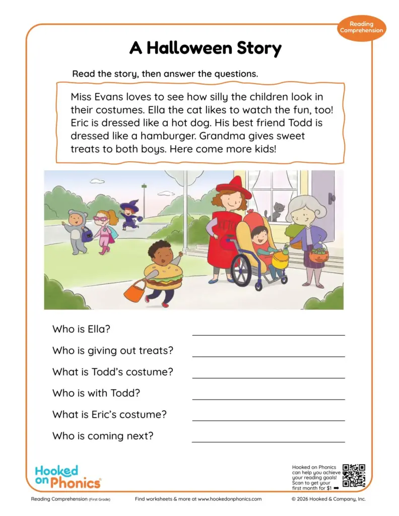 Engaging Halloween story comprehension worksheet for Fun Worksheets For 1st Graders