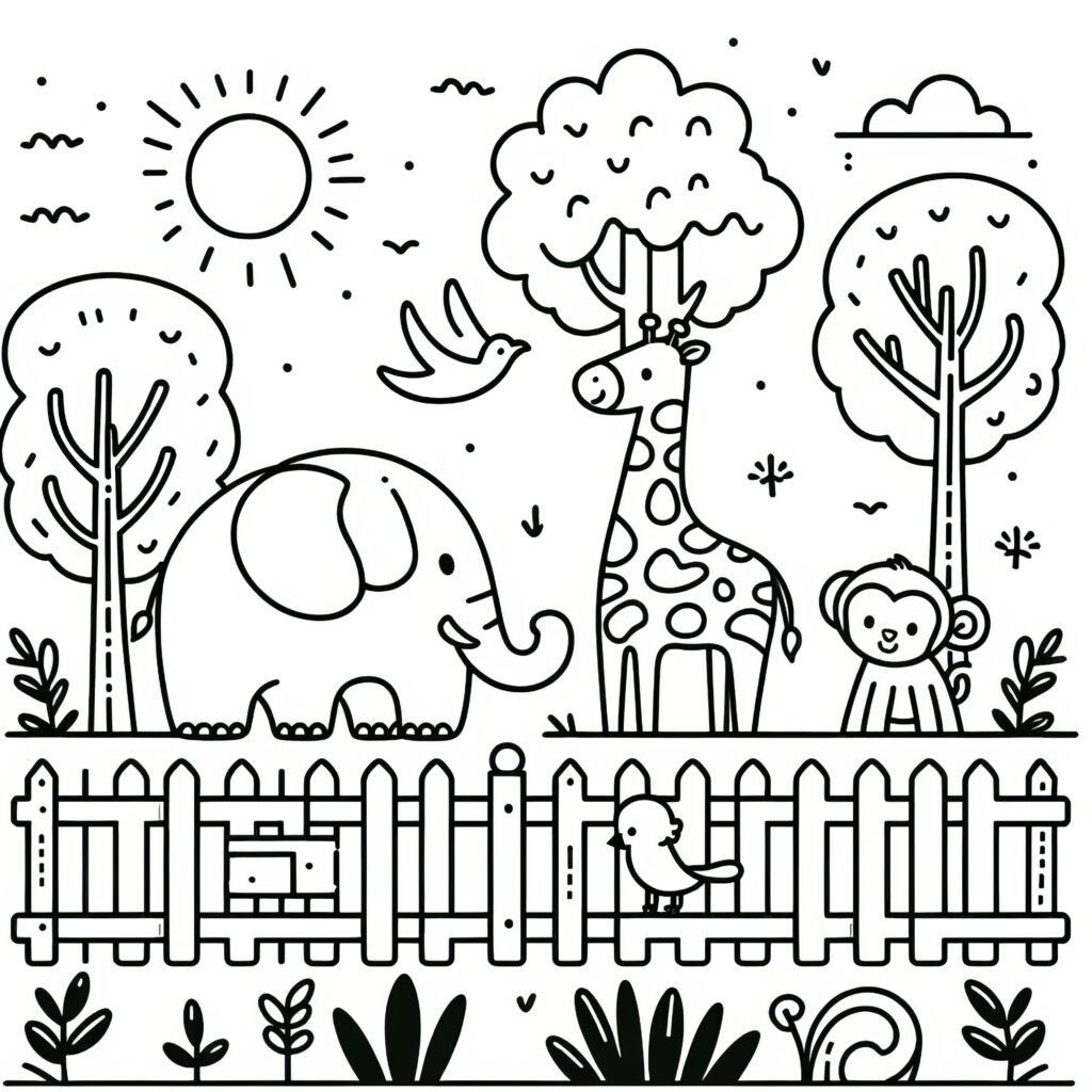 Funny Animal Pictures To Color - Free printable coloring page featuring funny animals in a zoo setting for kids to color
