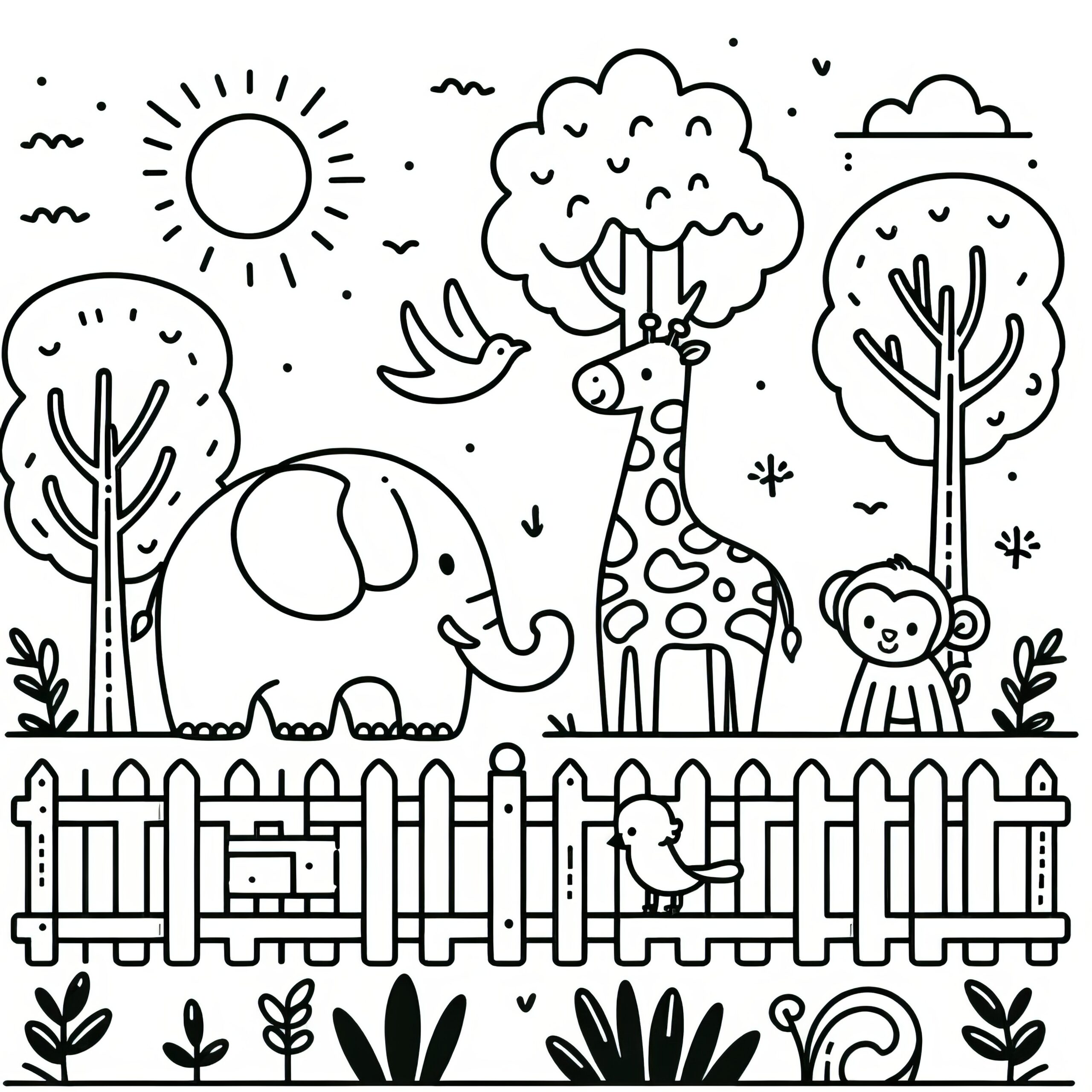 Funny Animal Pictures To Color - Free printable coloring page featuring funny animals in a zoo setting for kids to color