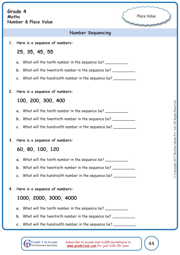 Grade 4 Number Sequences Worksheets|www.grade1to6.com - Worksheets Library
