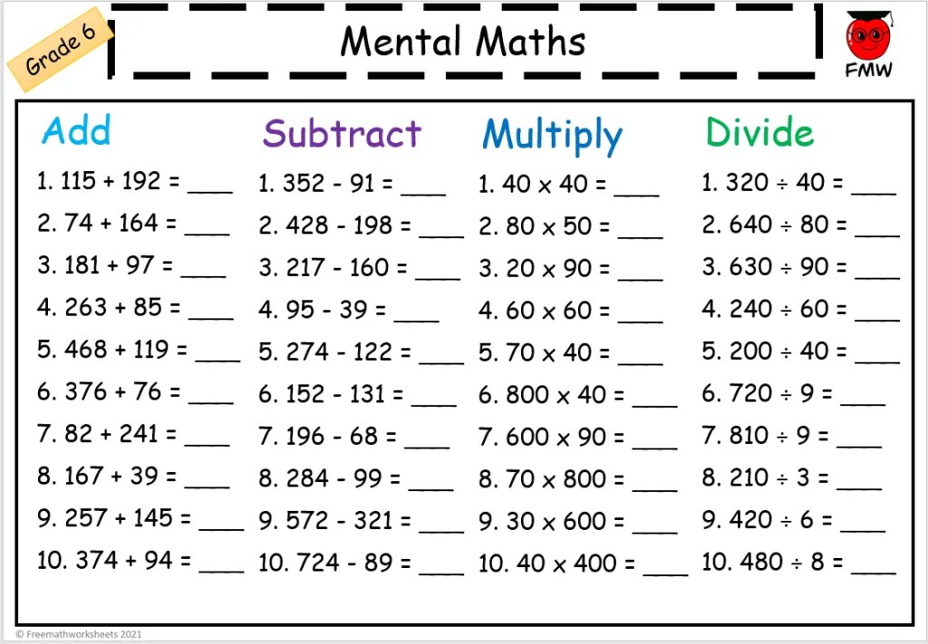 Mental maths worksheet for grade 6 with addition, subtraction, multiplication, and division problems