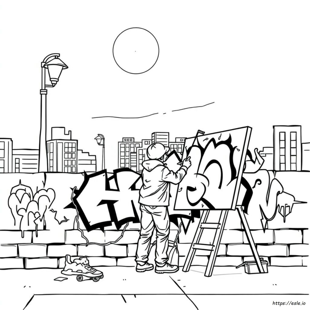 Graffiti Coloring Pages For Adults – Free Download Graffiti coloring page for adults showcasing a person painting a wall with vibrant graffiti